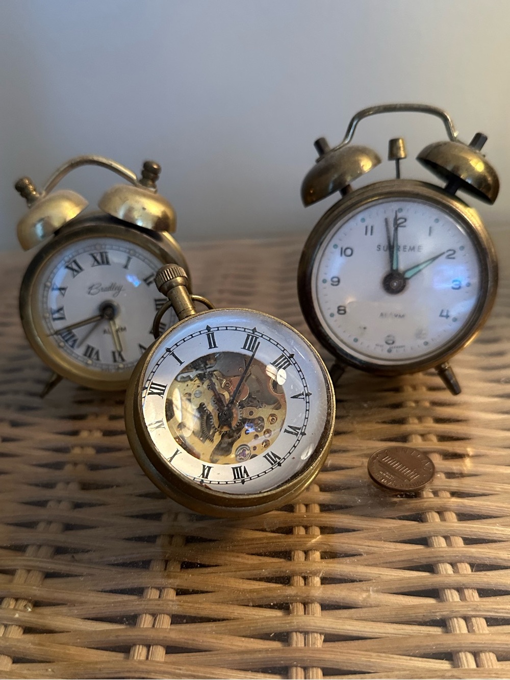 Antique Brass Tabletop Mini Clocks Set of 3